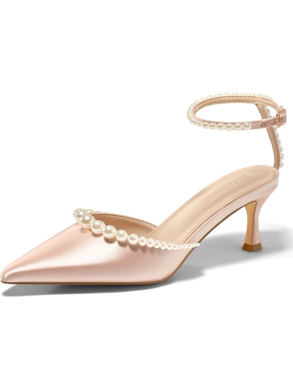 Women's Pink Pearl Kitten Heel Closed Pointed Toe Ankle Strap Dress Shoes